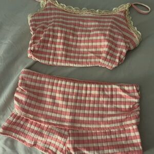 SHEIN Pink and White Ruffled Pajama Set